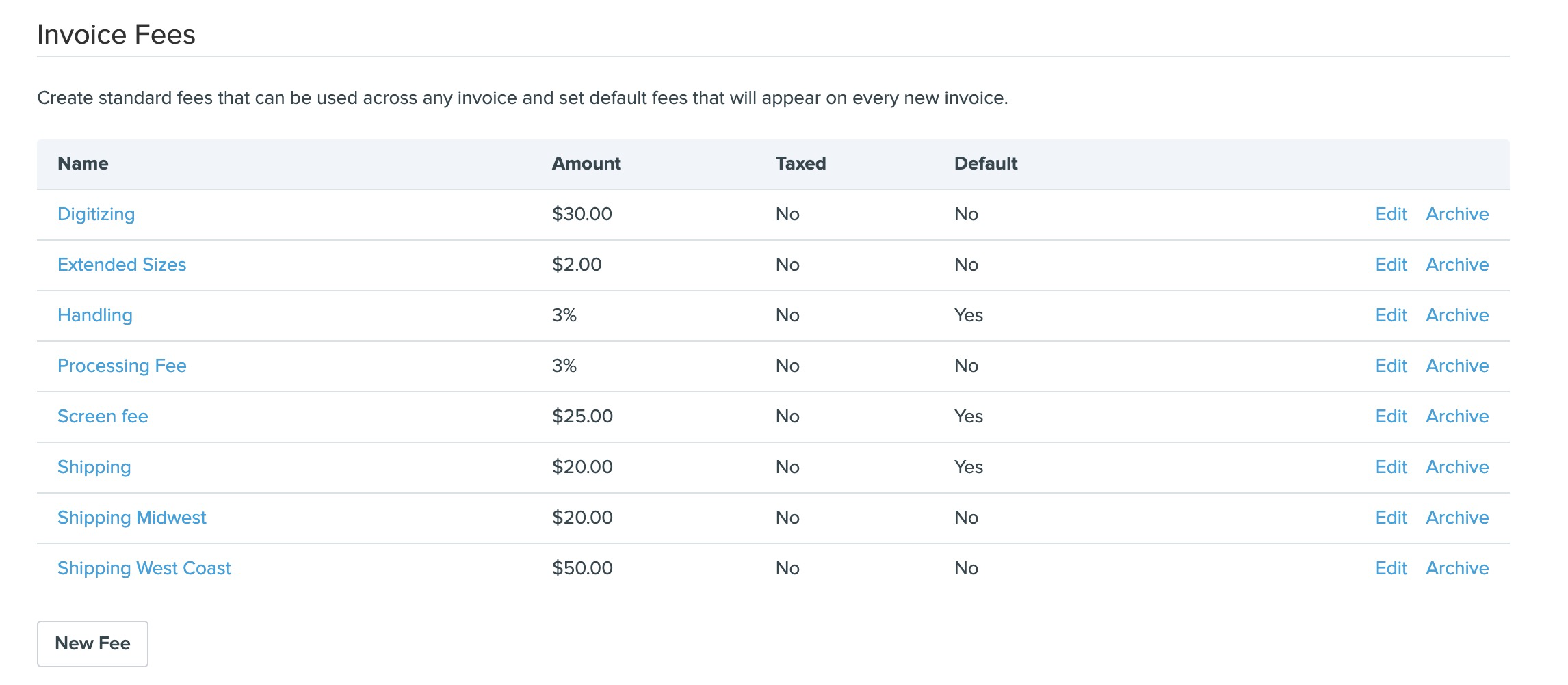 An example of preset fees you can use in Printavo.