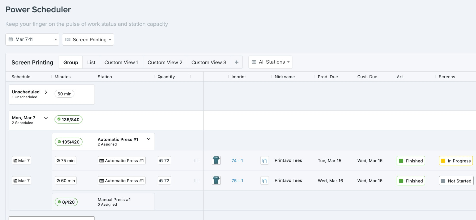 Printavo's Power Scheduler allows Premium subscribers to better schedule their decoration types across multiple machines.